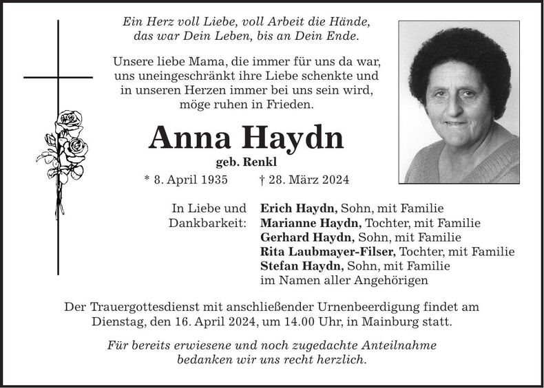 Traueranzeige Anna Haydn