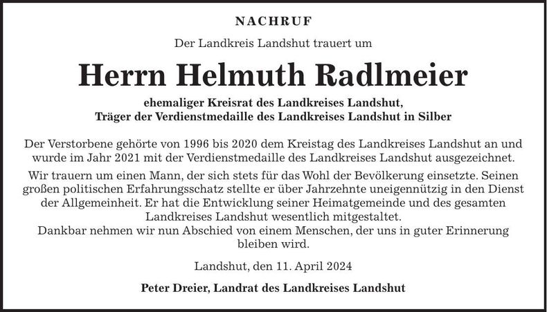 Traueranzeige Helmuth Radlmeier