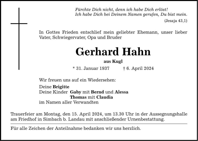 Traueranzeige Gerhard Hahn