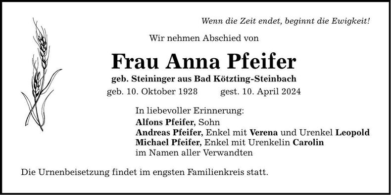 Traueranzeige Anna Pfeifer