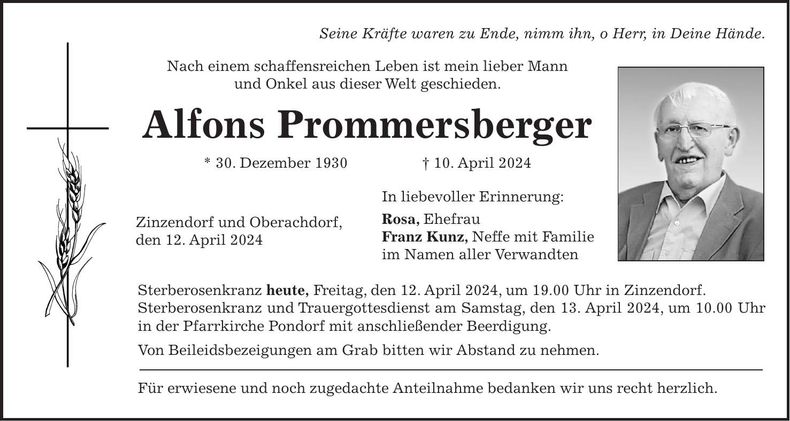 Traueranzeige Alfons Prommersberger