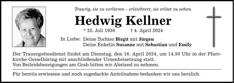 Traueranzeige Hedwig Kellner