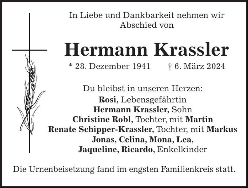 Traueranzeige Hermann Krassler