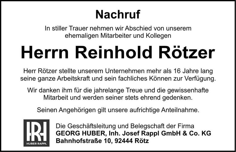 Traueranzeige Reinhold Rötzer