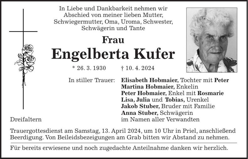Traueranzeige Engelberta Kufer