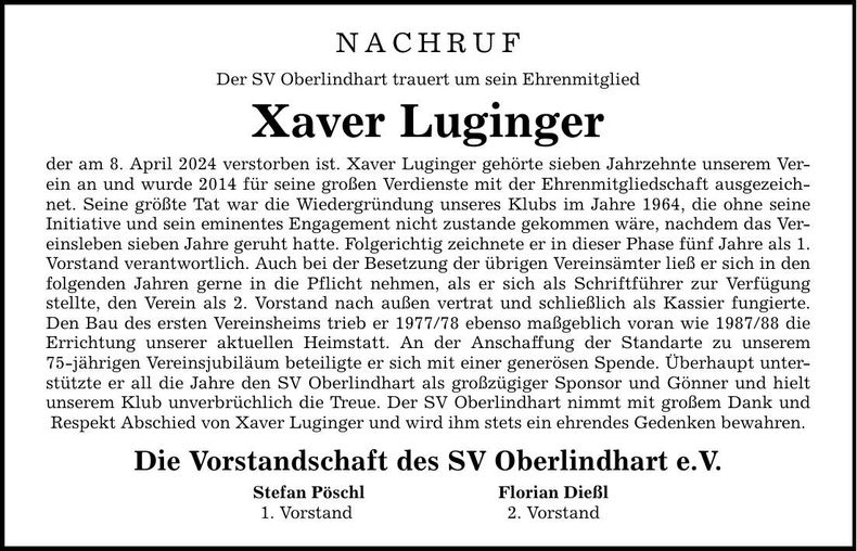 Traueranzeige Xaver Luginger