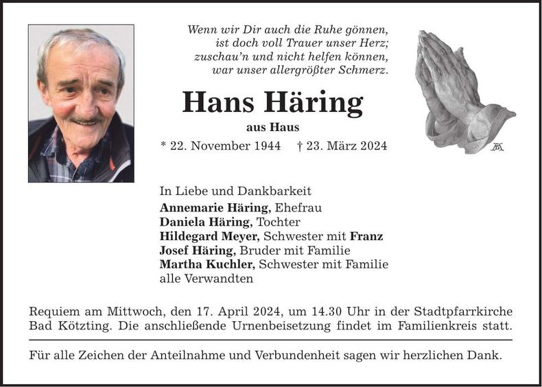 Traueranzeige Hans Häring