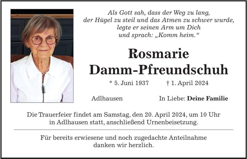 Traueranzeige Rosmarie Damm-Pfreundschuh
