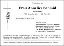 Traueranzeige Annelies Schmid