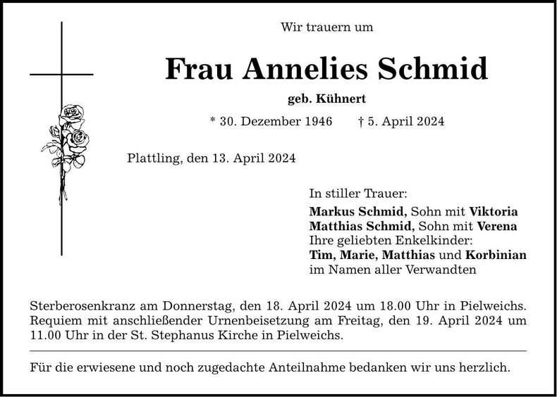 Traueranzeige Annelies Schmid