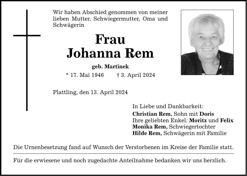 Traueranzeige Johanna Rem