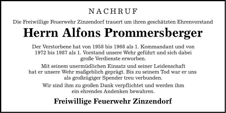 Traueranzeige Alfons Prommersberger