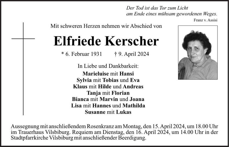 Traueranzeige Elfriede Kerscher