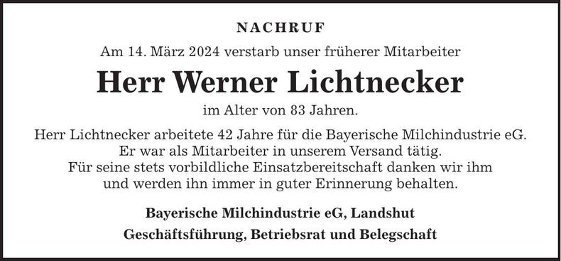 Traueranzeige Werner Lichtnecker