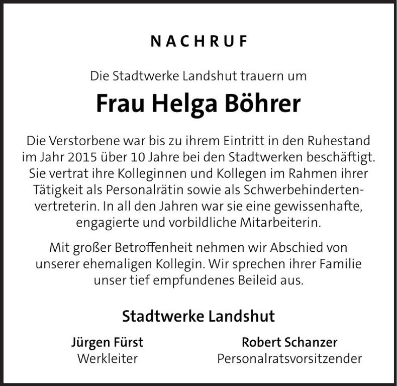 Traueranzeige Helga Böhrer