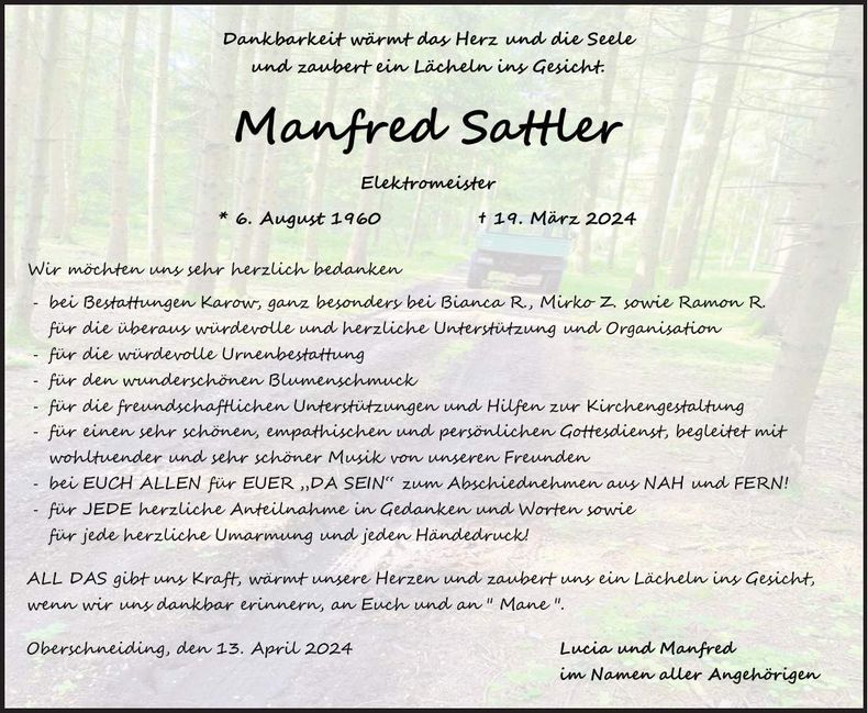 Traueranzeige Manfred Sattler