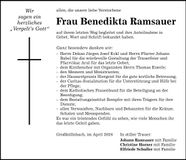 Traueranzeige Benedikta Ramsauer