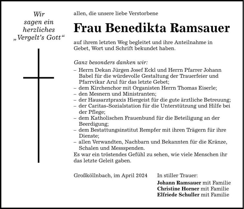 Traueranzeige Benedikta Ramsauer