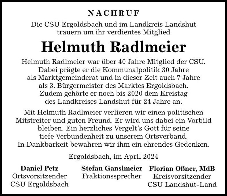 Traueranzeige Helmuth Radlmeier