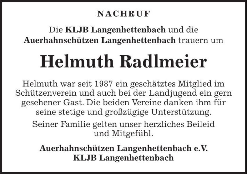 Traueranzeige Helmuth Radlmeier