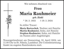 Traueranzeige Maria Rauhmeier