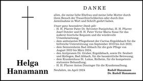 Traueranzeige Helga Hanamann