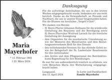 Traueranzeige Maria Mayerhofer