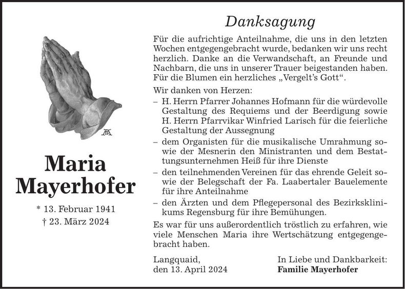 Traueranzeige Maria Mayerhofer