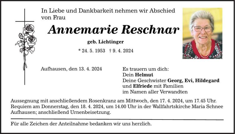 Traueranzeige Annemarie Reschnar