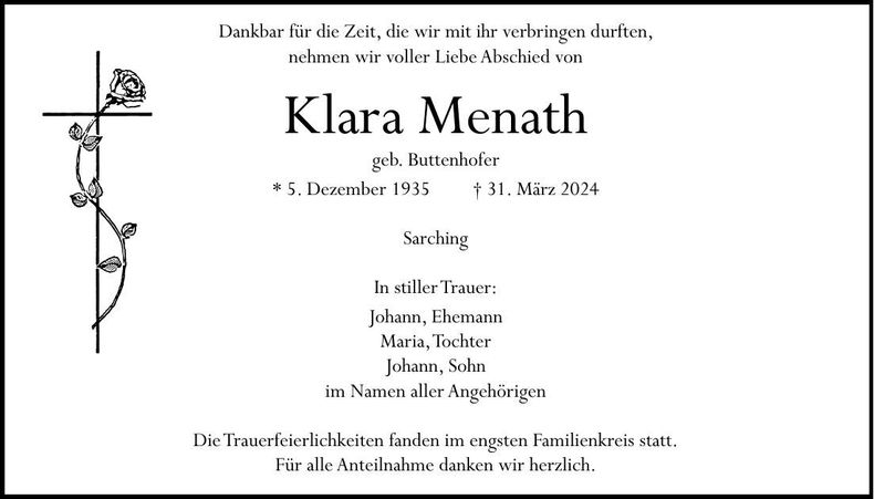 Traueranzeige Klara Menath