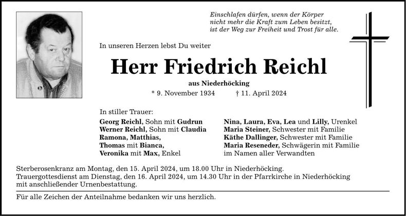 Traueranzeige Friedrich Reichl
