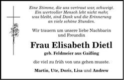 Traueranzeige Elisabeth Dietl