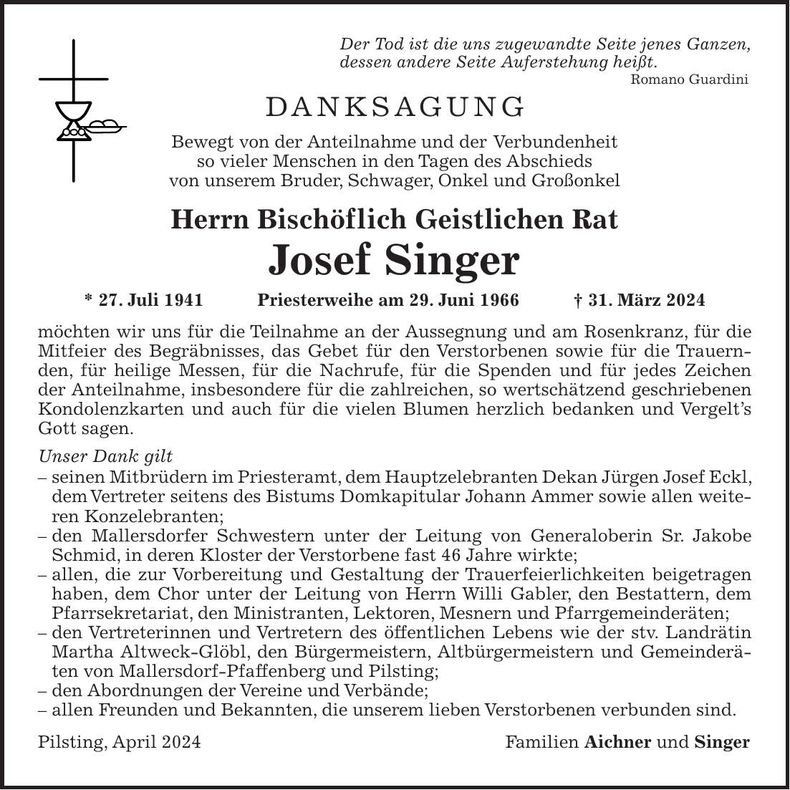 Traueranzeige Josef Singer