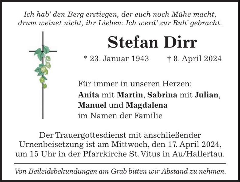 Traueranzeige Stefan Dirr
