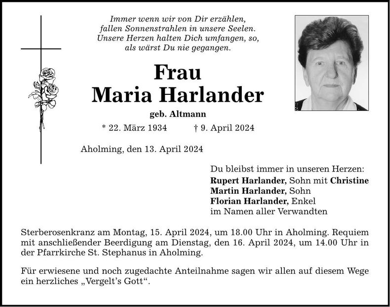 Traueranzeige Maria Harlander