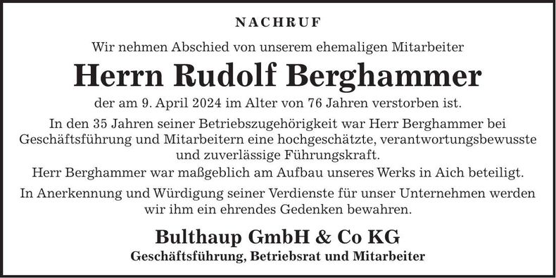 Traueranzeige Rudolf Berghammer