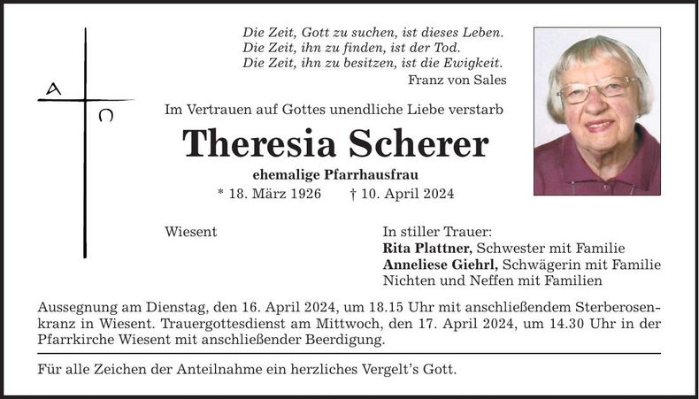 Traueranzeige Theresia Scherer