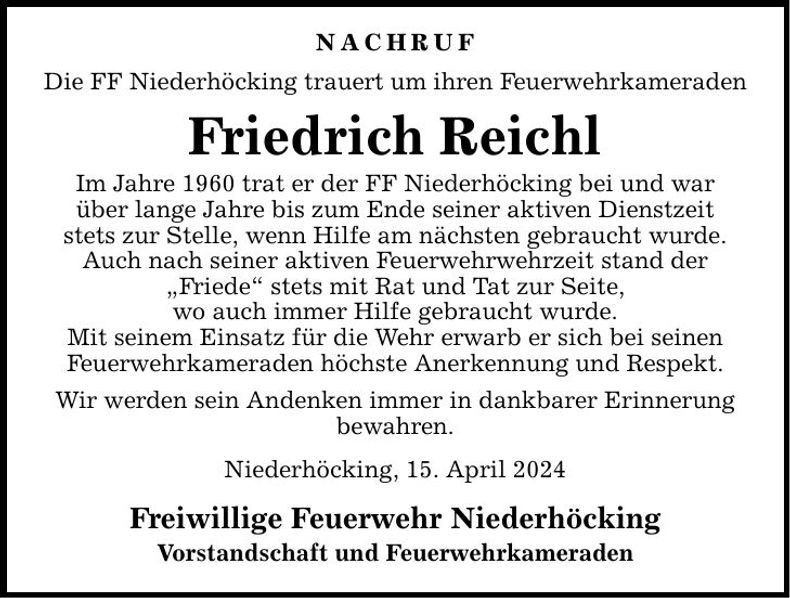 Traueranzeige Friedrich Reichl