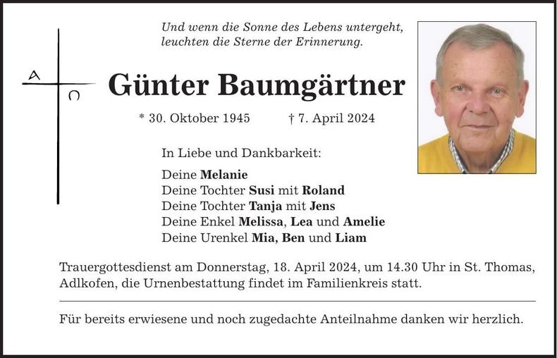 Traueranzeige Günter Baumgärtner