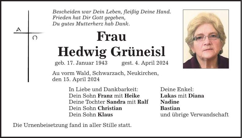 Traueranzeige Hedwig Grüneisl