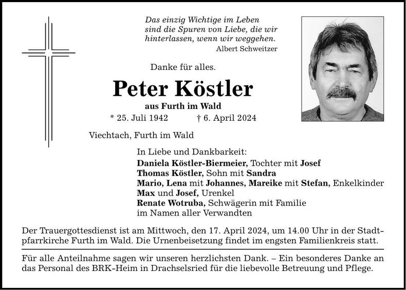 Traueranzeige Peter Köstler