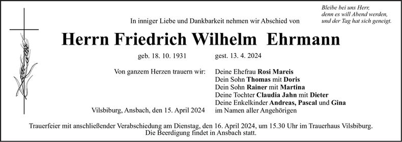 Traueranzeige Friedrich Wilhelm Ehrmann