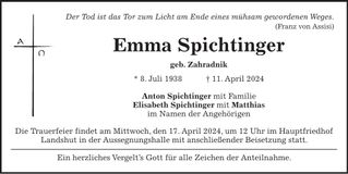 Traueranzeige Emma Spichtinger