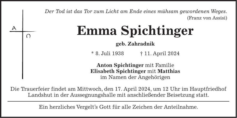 Traueranzeige Emma Spichtinger