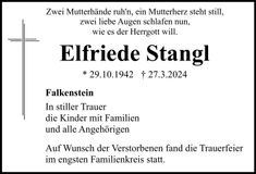 Traueranzeige Elfriede Stangl