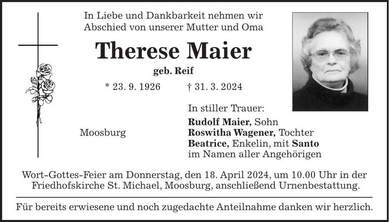 Traueranzeige Therese Maier