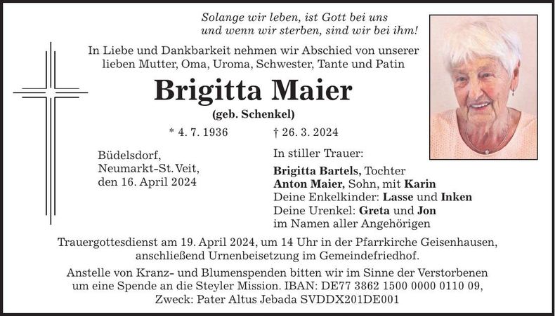 Traueranzeige Brigitta Maier