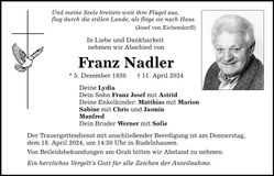 Traueranzeige Franz Nadler