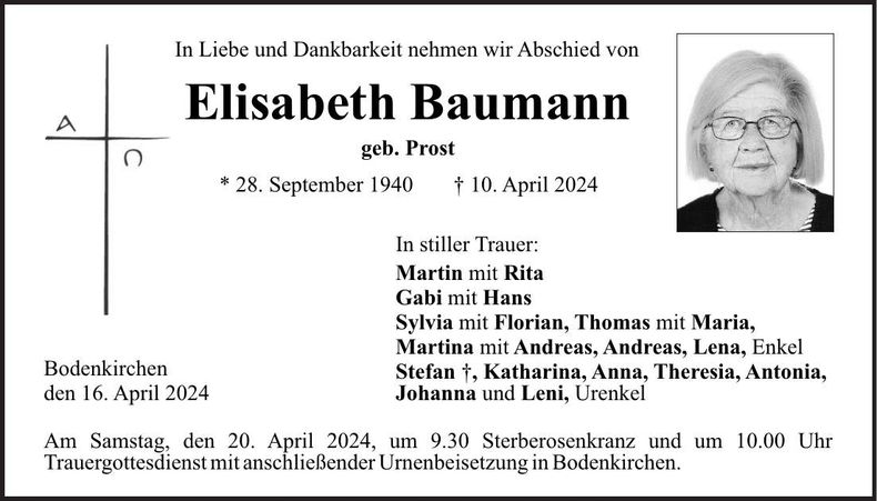 Traueranzeige Elisabeth Baumann