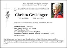 Traueranzeige Christa Greisinger